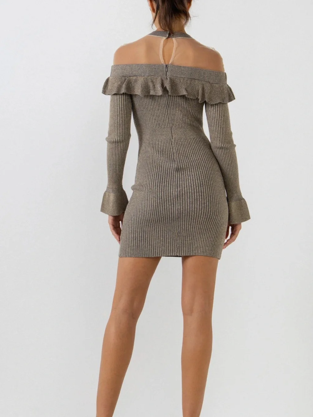 Endless Rose Off-Shoulder Metallic Taupe Ribbed Mini Dress
